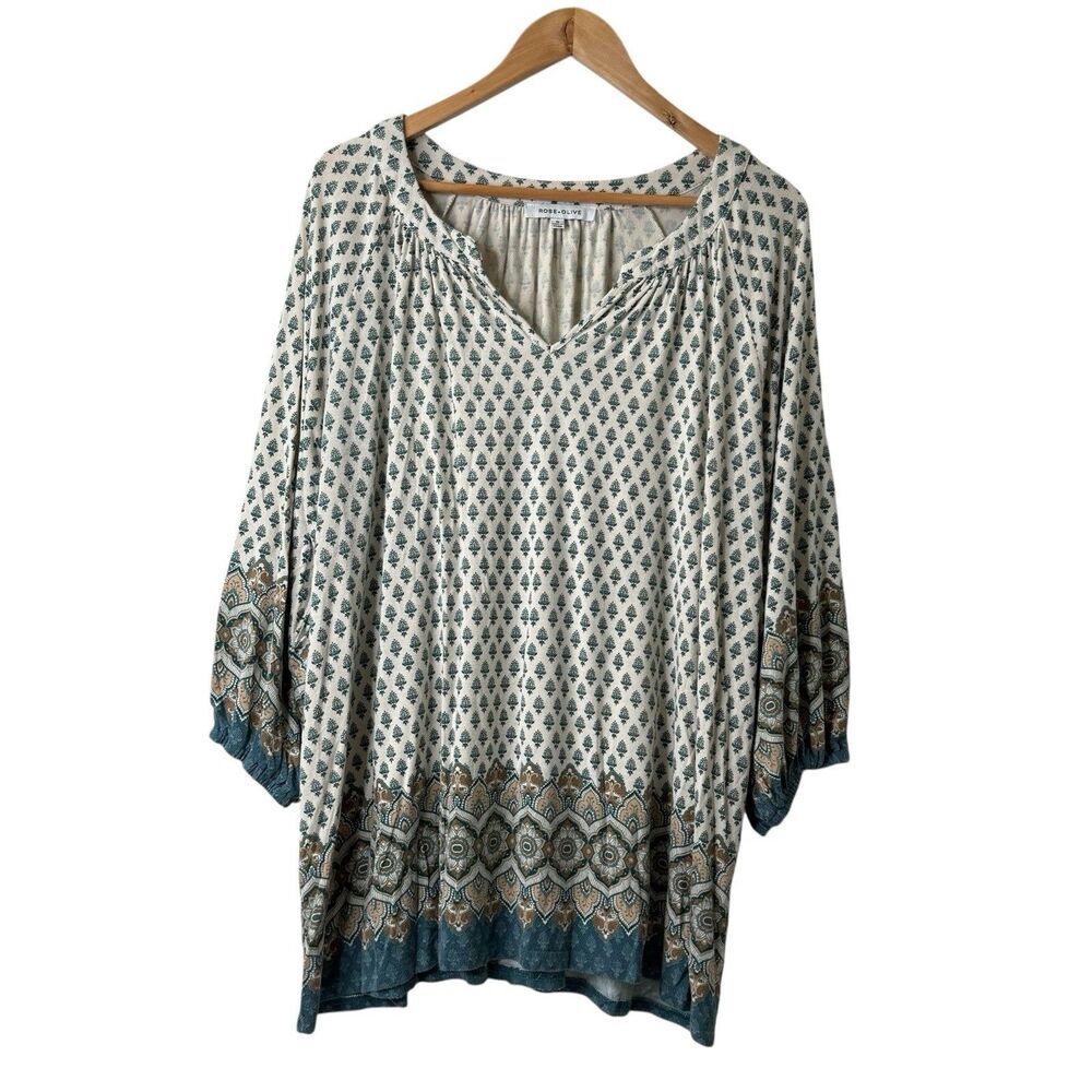 Rose + Olive Top Womens 1X Floral Boho Tunic 3/4 Sleeve Rayon Stretch Comfort